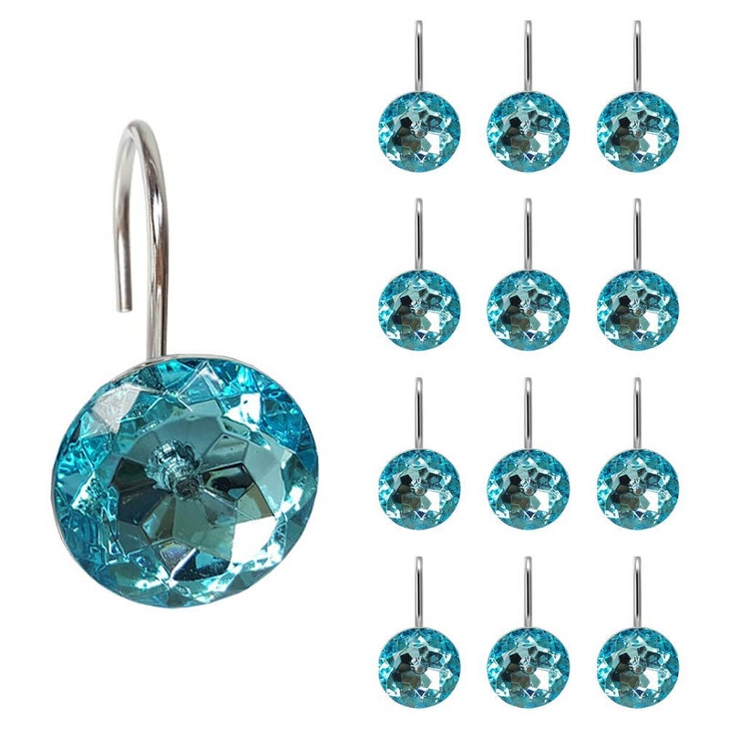 EleCharm 12 Pcs Bling Rhinestones Shower Curtain Hooks Bathroom Rolling Hooks (Blue Green) - Image 1